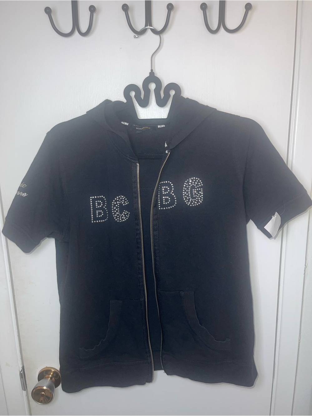 UC BCBG Black Short-Sleeve Hoodie with Rhinestone Logo (The Zipper Is Broken)